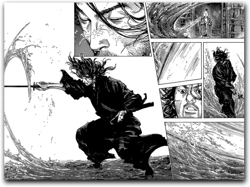 Musashi, personagem de vagabond, aplicando um golpe de espada em seu treinamento