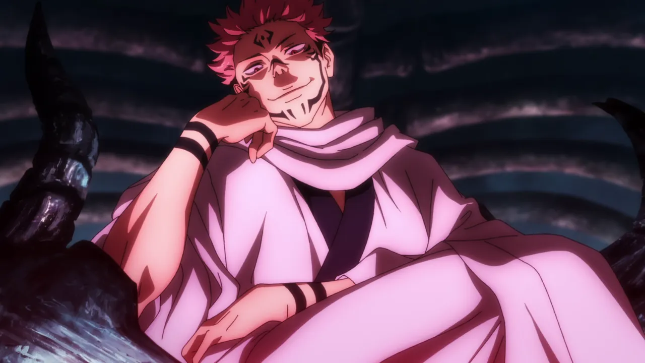 Sukuna sorrindo enquanto está sentado no seu trono