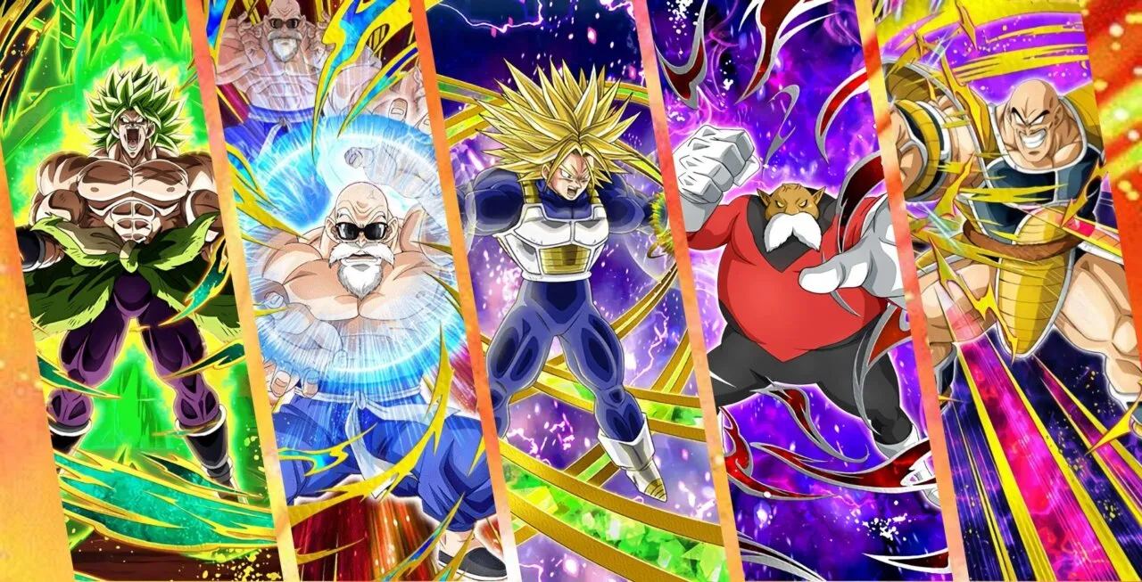 Da esquerda para direita: Broly, Mestre Kame, Super Trunks, Toppo e Nappa