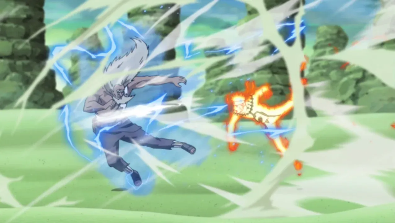 Naruto disparando Rasengan em batalha contra o 3º Razekage.