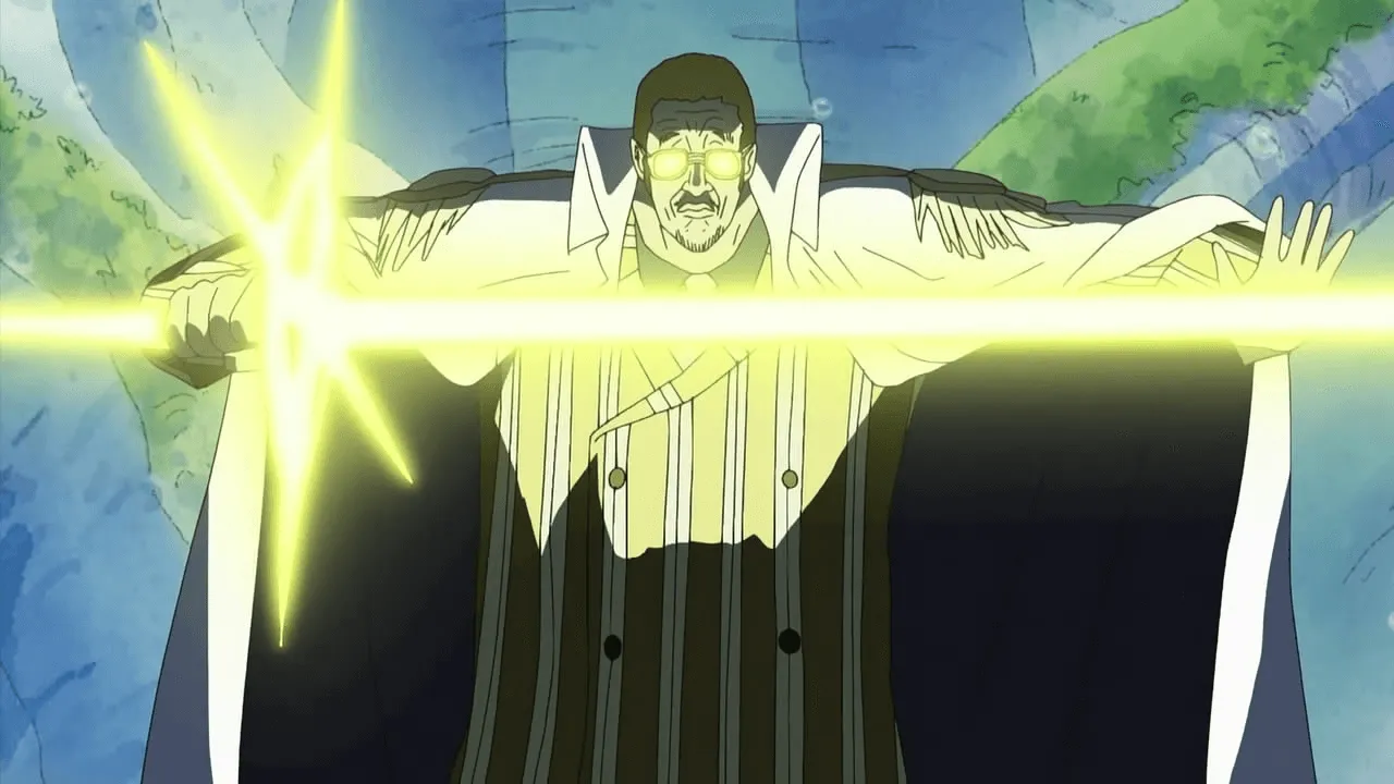 Kizaru fazendo uma "espada de luz" ao usar o poder de sua Akuma no mi