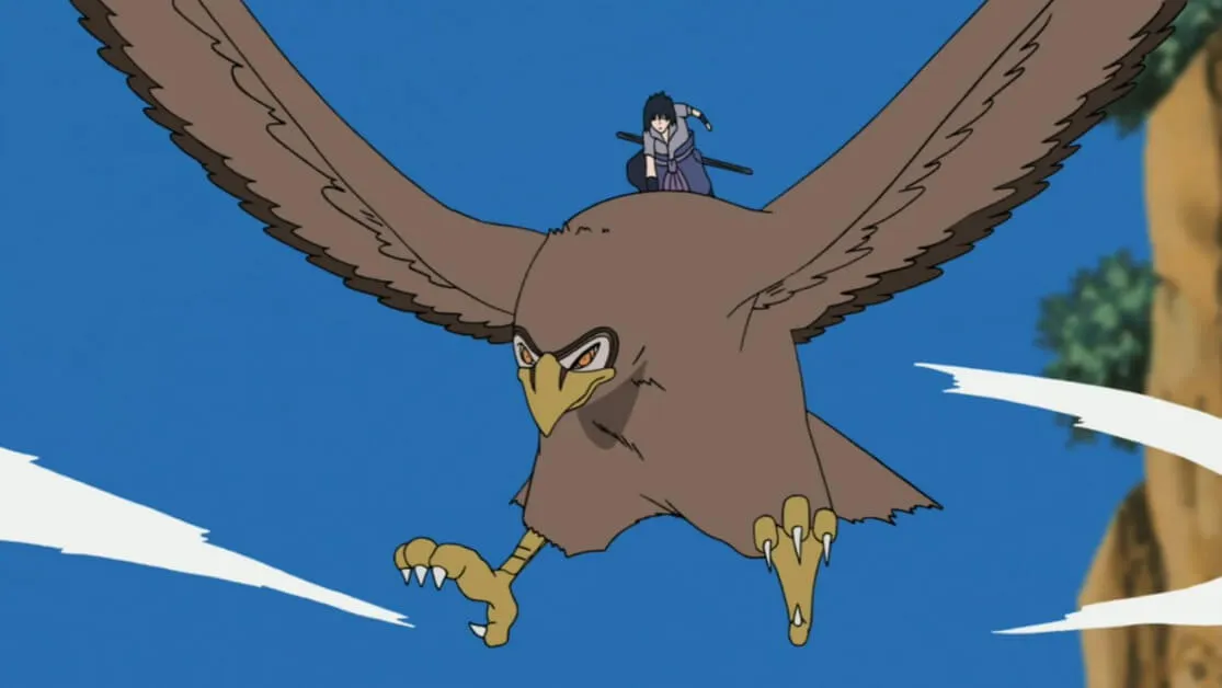 Sasuke em cima de seu pássaro gigante
