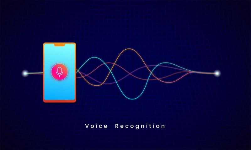 Voice Recognition AI personal assistant modern technology visual concept illustration vector design. Microphone button on smartphone with sound wave audio spectrum background