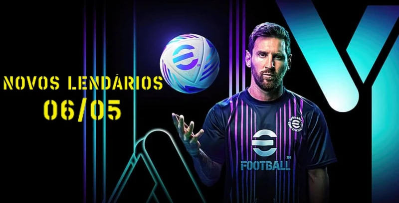 Background do jogo eFootball 2024 com Messi e o título dos jogadores lendários da box da data 06/05