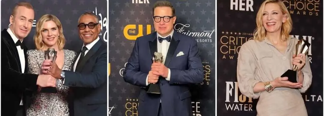 Elenco da série "Better Call Saul", Brendan Fraser e Cate Blanchet, premiados da noite. Foto: Reprodução Instagram/Critics Choice