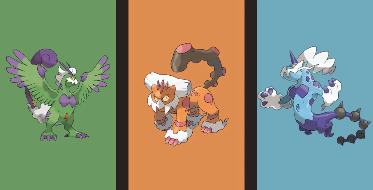 Da esquerda para a direita: Tornadus, Landorus e Thundurus na therian forme