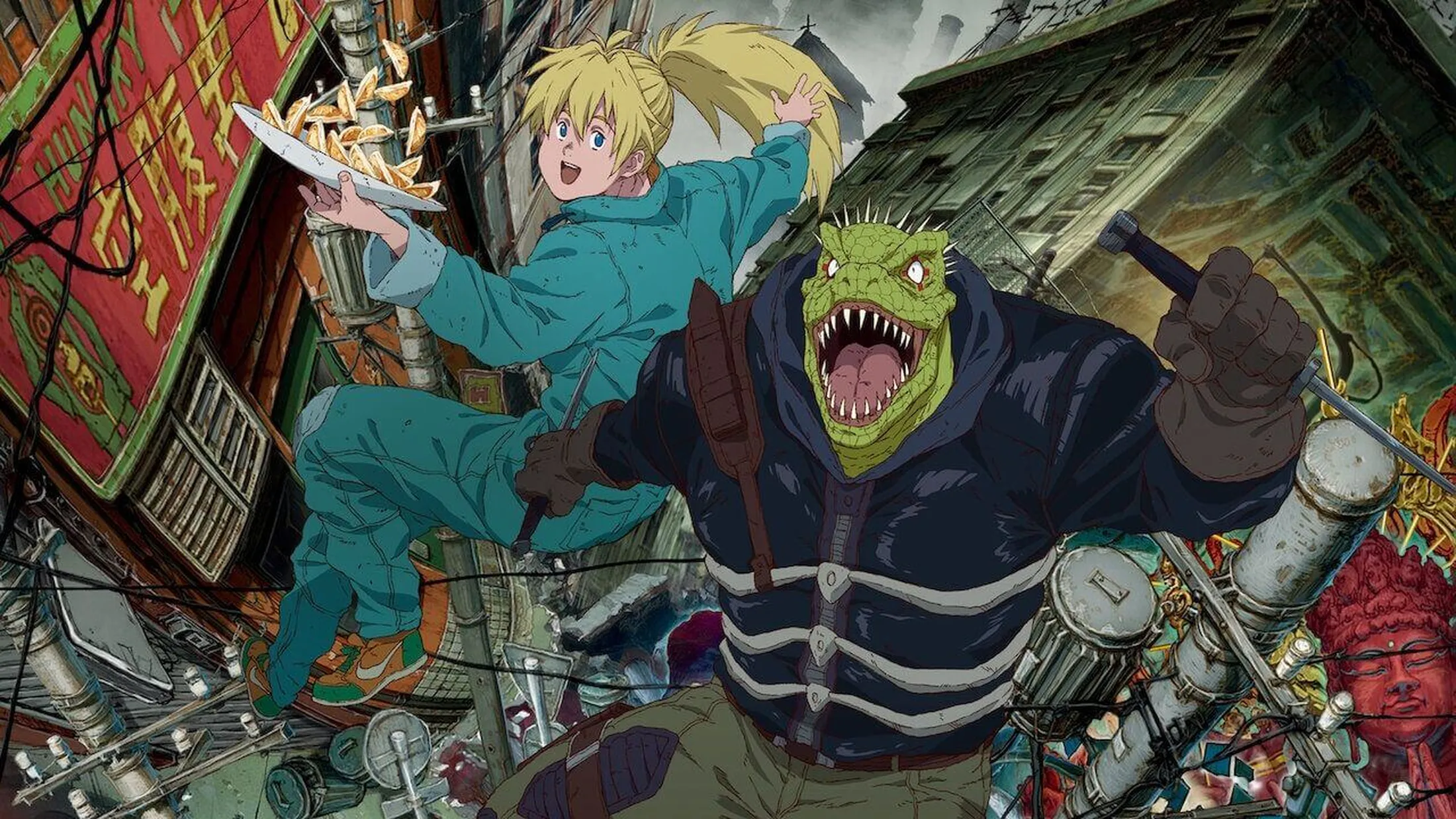 Caiman e Nikaido, personagens de Dorohedoro com seus trajes oficiais.