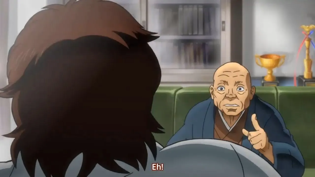 tokugawa conversando com Baki enquanto aponta seu dedo para cima