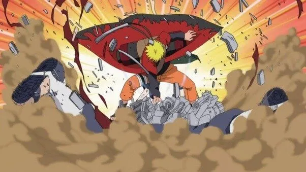 Naruto em batalha contra o Pain na vila da folha.