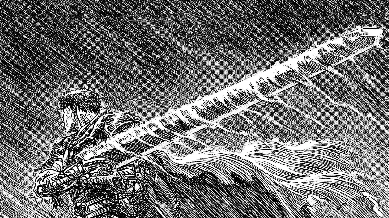 guts andando na chuva enquanto carrega uma espada enorme