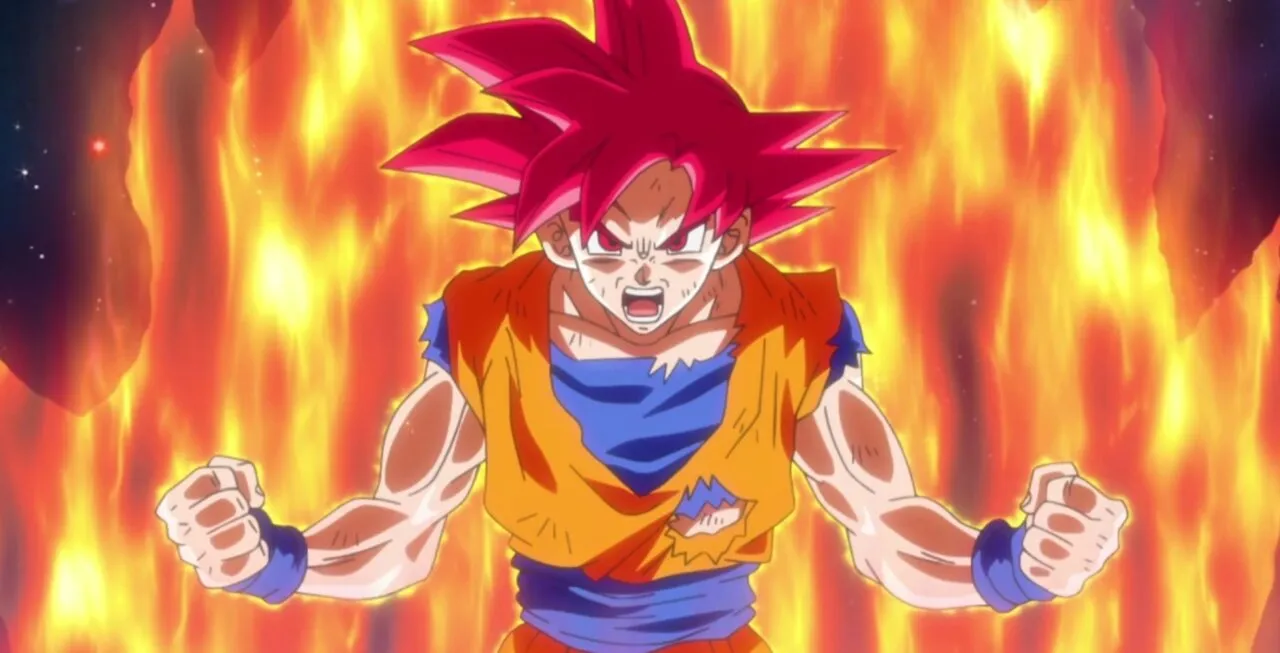 Goku na forma Super Saiyajin Deus com olhar irritado