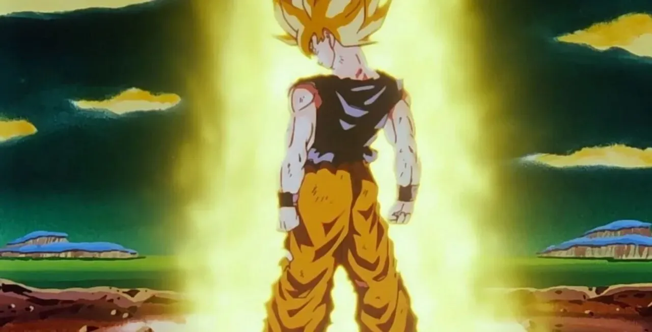 Goku na forma Super Saiyajin de costas