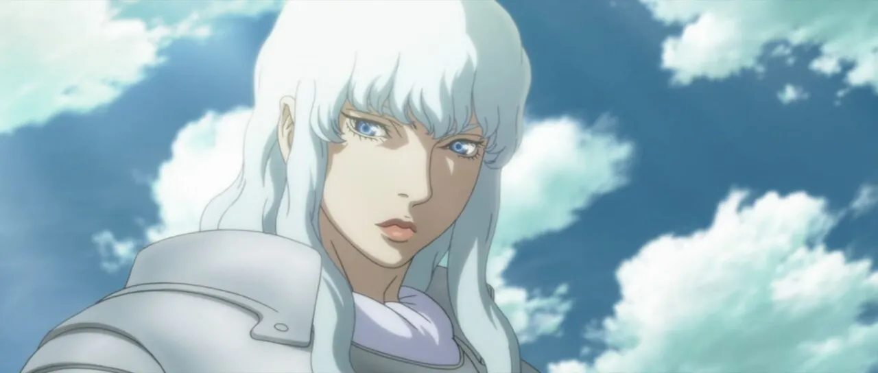 Griffith vestido de sua armadura, olhando seriamente para algum lugar