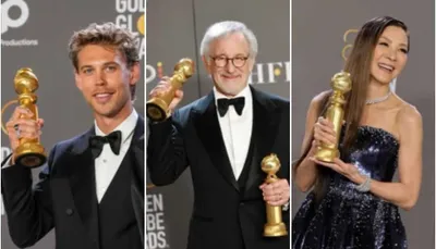 Austin Bluter, Steven Spielberg e Michelle Yoh, premiados da noite - Foto: Reprodução NBC