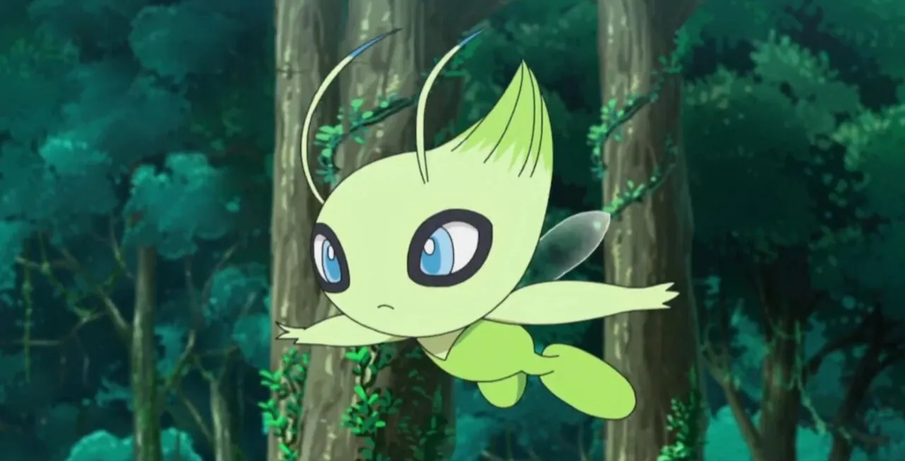 Celebi voando com olhar sério