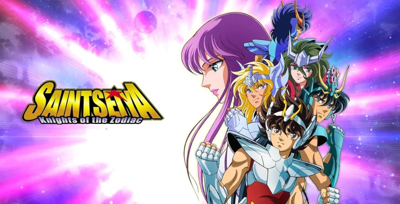 Logo de Saint Seiya com Saori, Seiya, Shiryu, Hyoga, Shun e Ikki. Série estreia no Prime Video