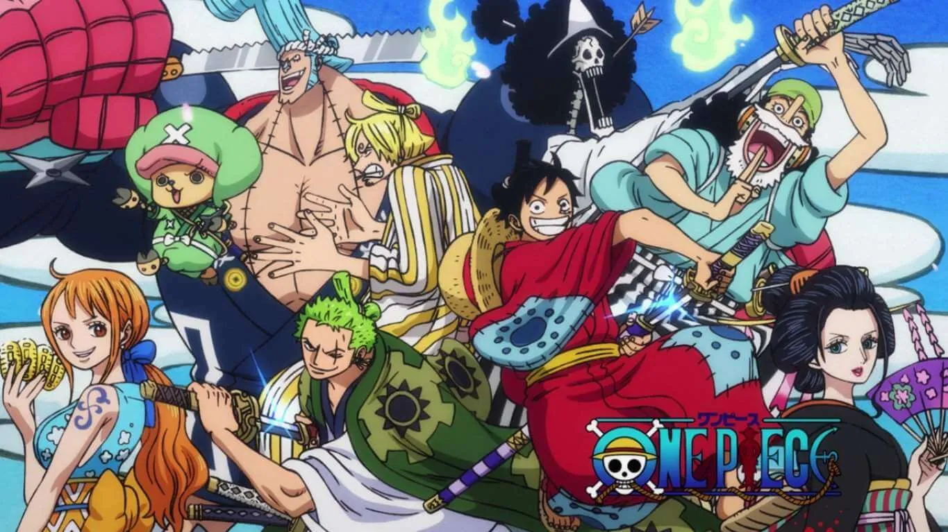 Luffy e membros da sua tripulação juntos, com roupas de wano