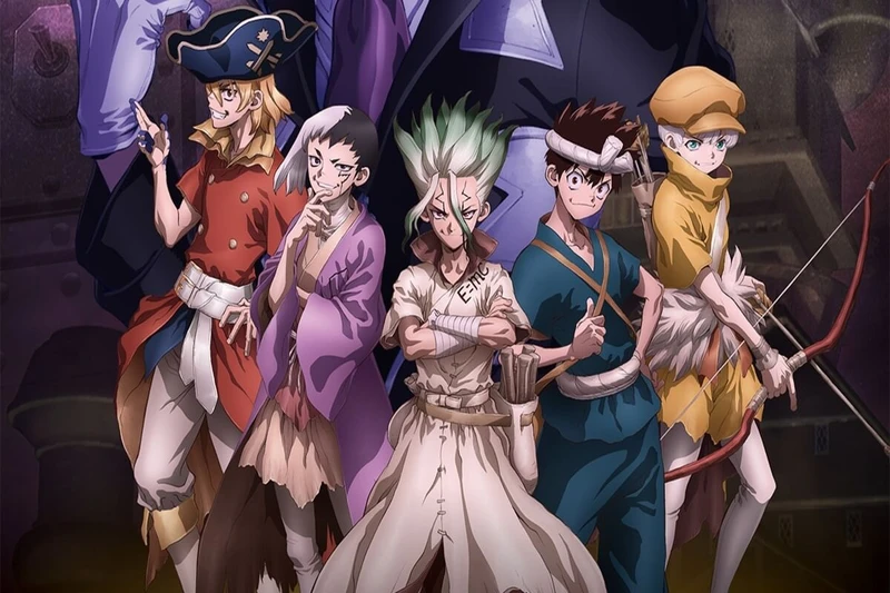 Senku, protagonista de Dr. Stone com aliados do reino da ciência em Dr. Stone Science Future.