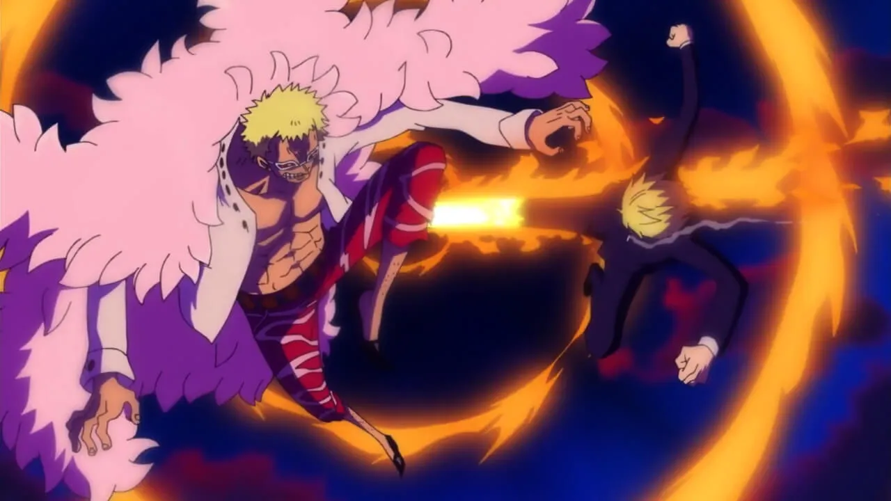 Sanji usa o Diable jambe e da um chute na perna de Doflamingo