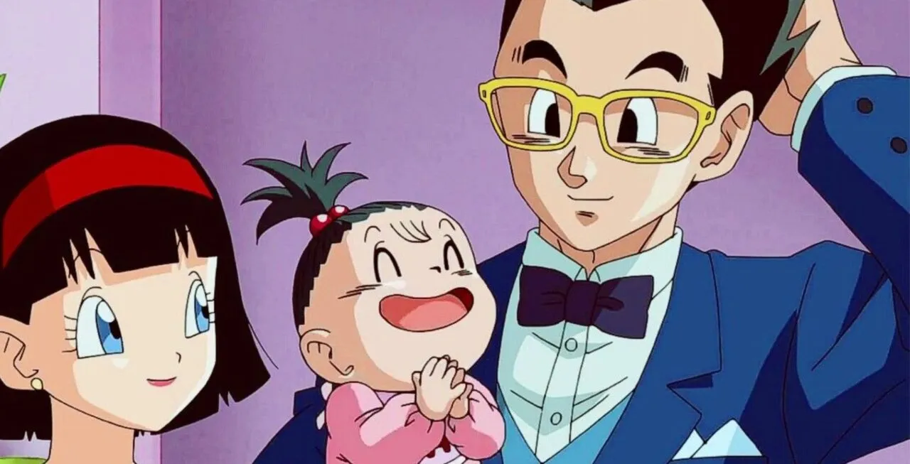 Personagens Videl, Pan e Gohan em momento alegre