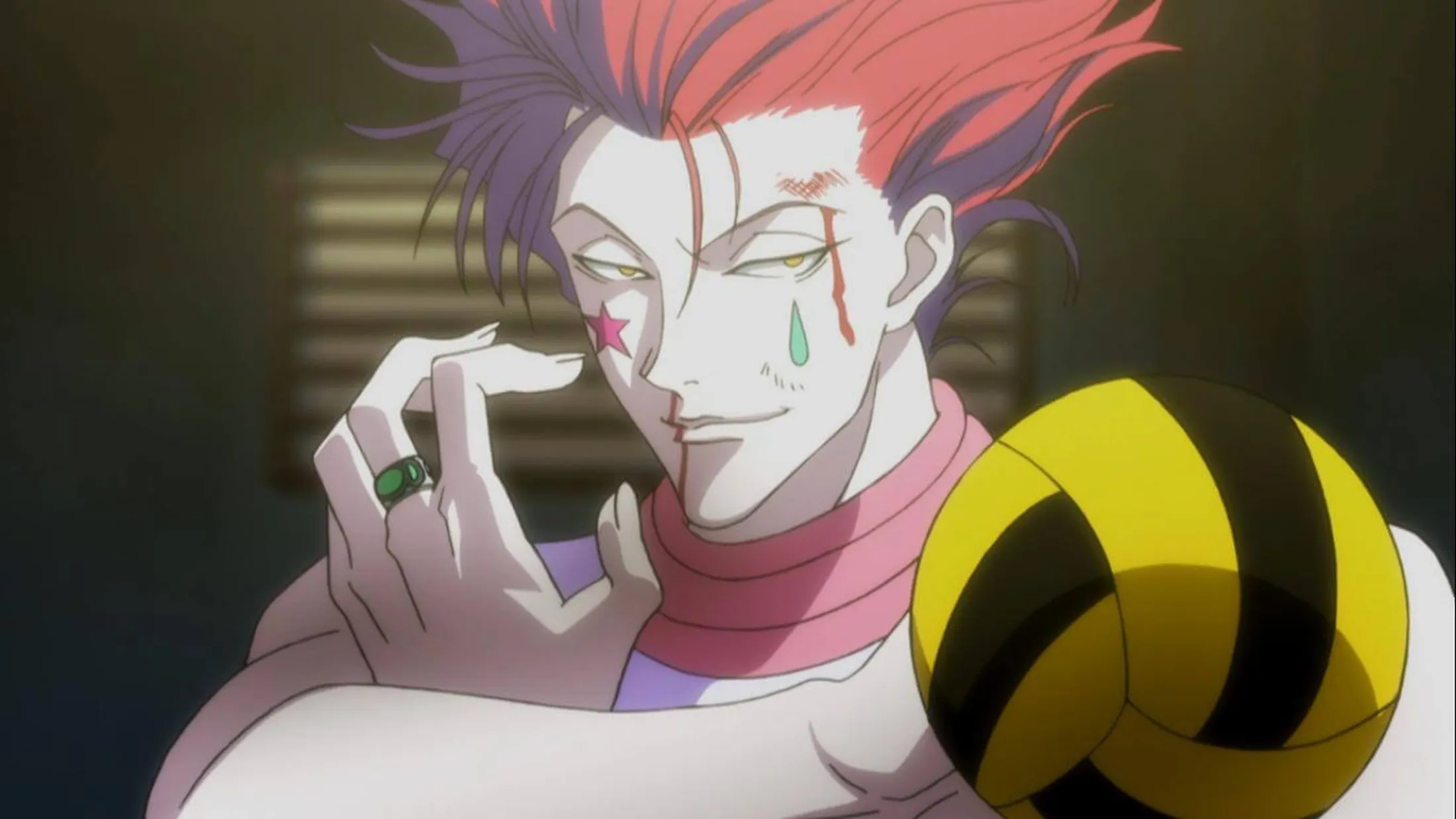 Hisoka segurando uma bola jogada do Razor.