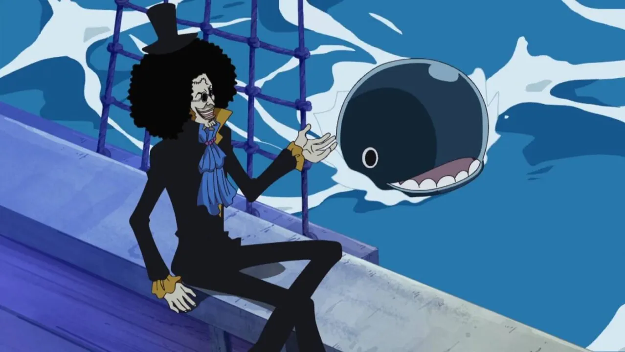 Personagem Brook, conversando com a baleia Laboon