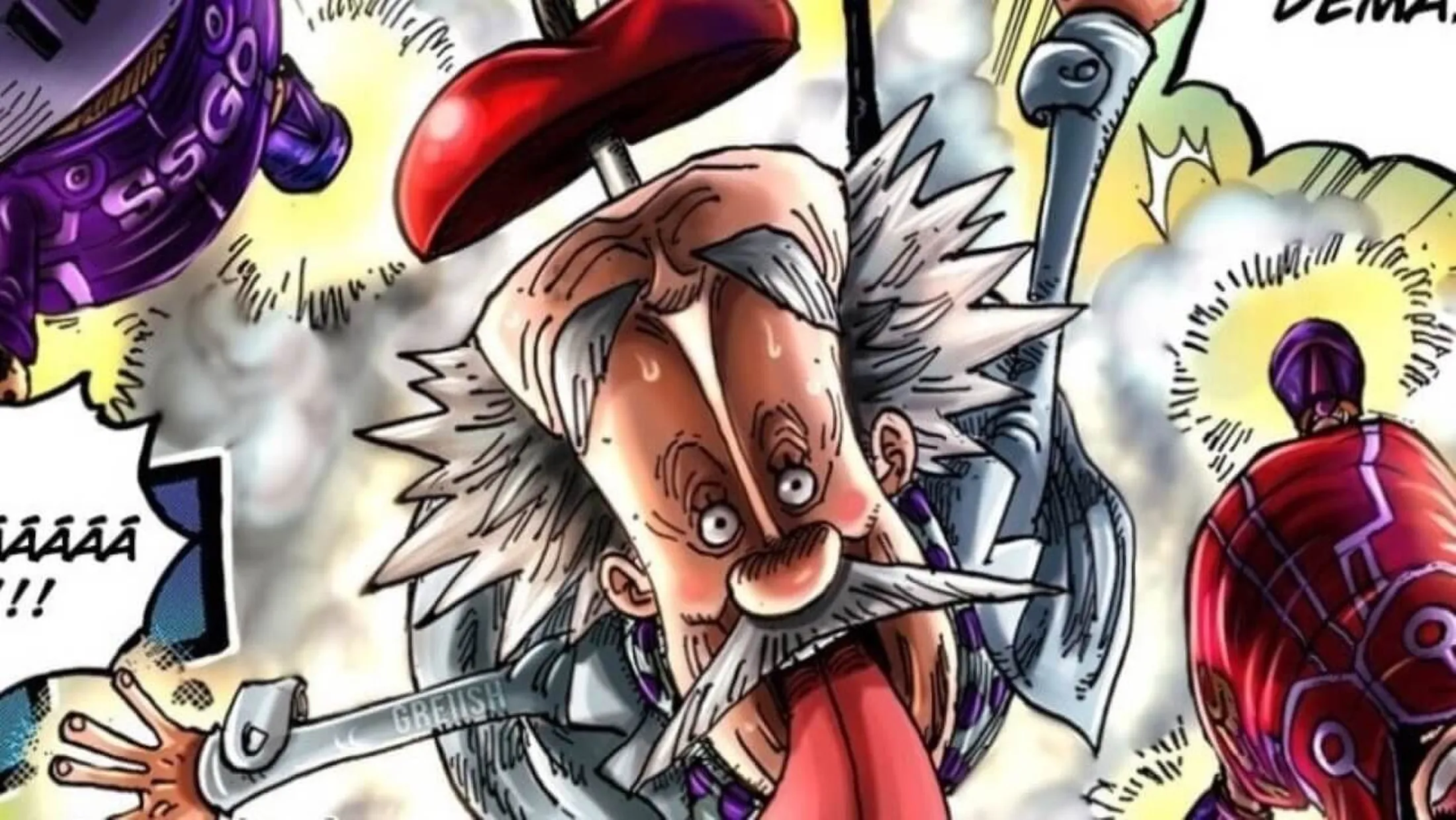 Um dos corpos de Vegapunk que se parece Muito com Albert Einstein, esse corpo está surpreso, mostrando a língua e tem uma maçã saindo da cabeça dele
