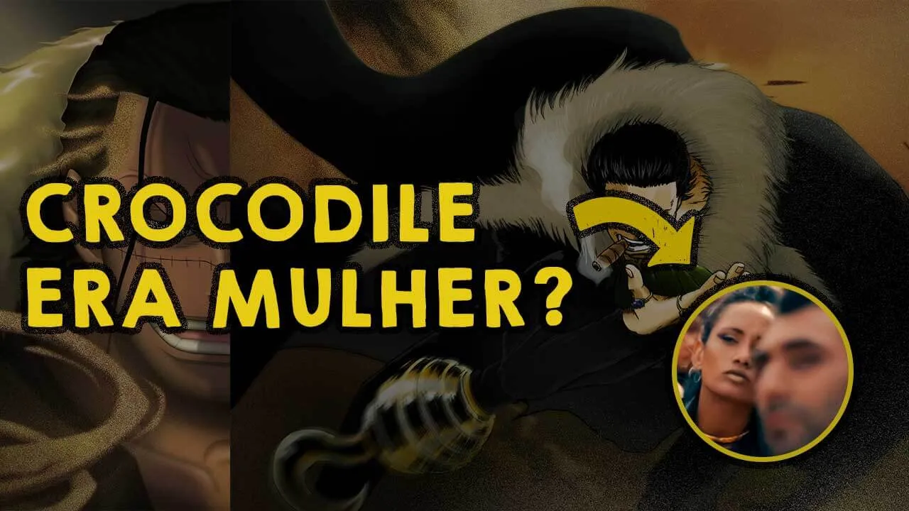 Imagem com fundo do personagem crocodile com uma setta apontando para a personagem da live action de one piece