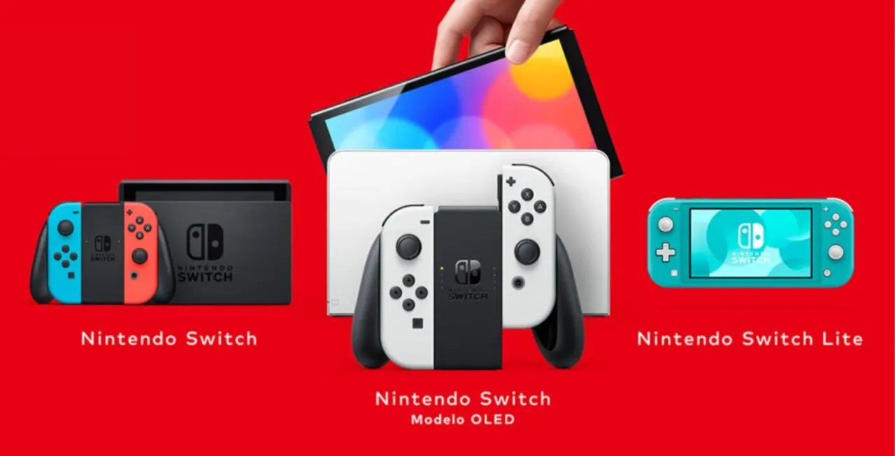 Consoles Nintendo Switch e mão segurando um deles ao centro
