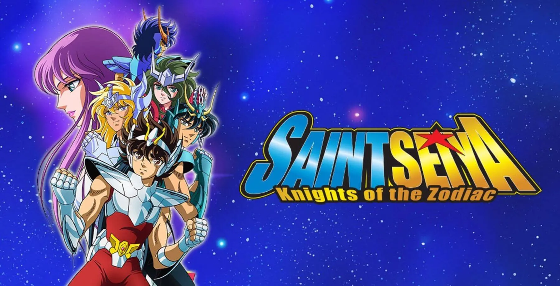Saori, Seiya, Shiryu, Hyoga, Shun e Ikki com o logo de Saint Seiya à direita