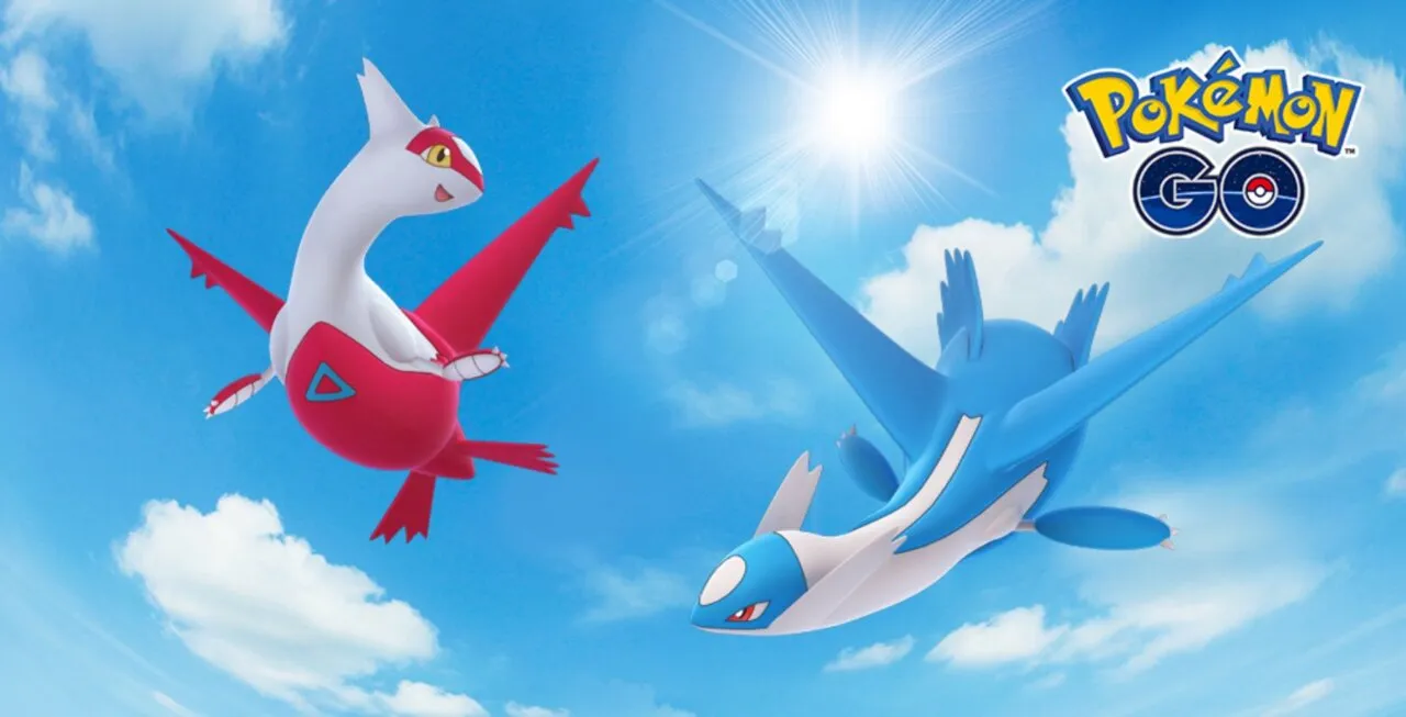 Latias e Latios voando com o logo de Pokémon GO à direita