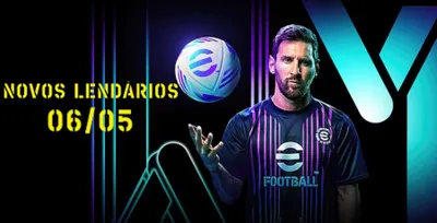 Background do jogo eFootball 2024 com Messi e o título dos jogadores lendários da box da data 06/05