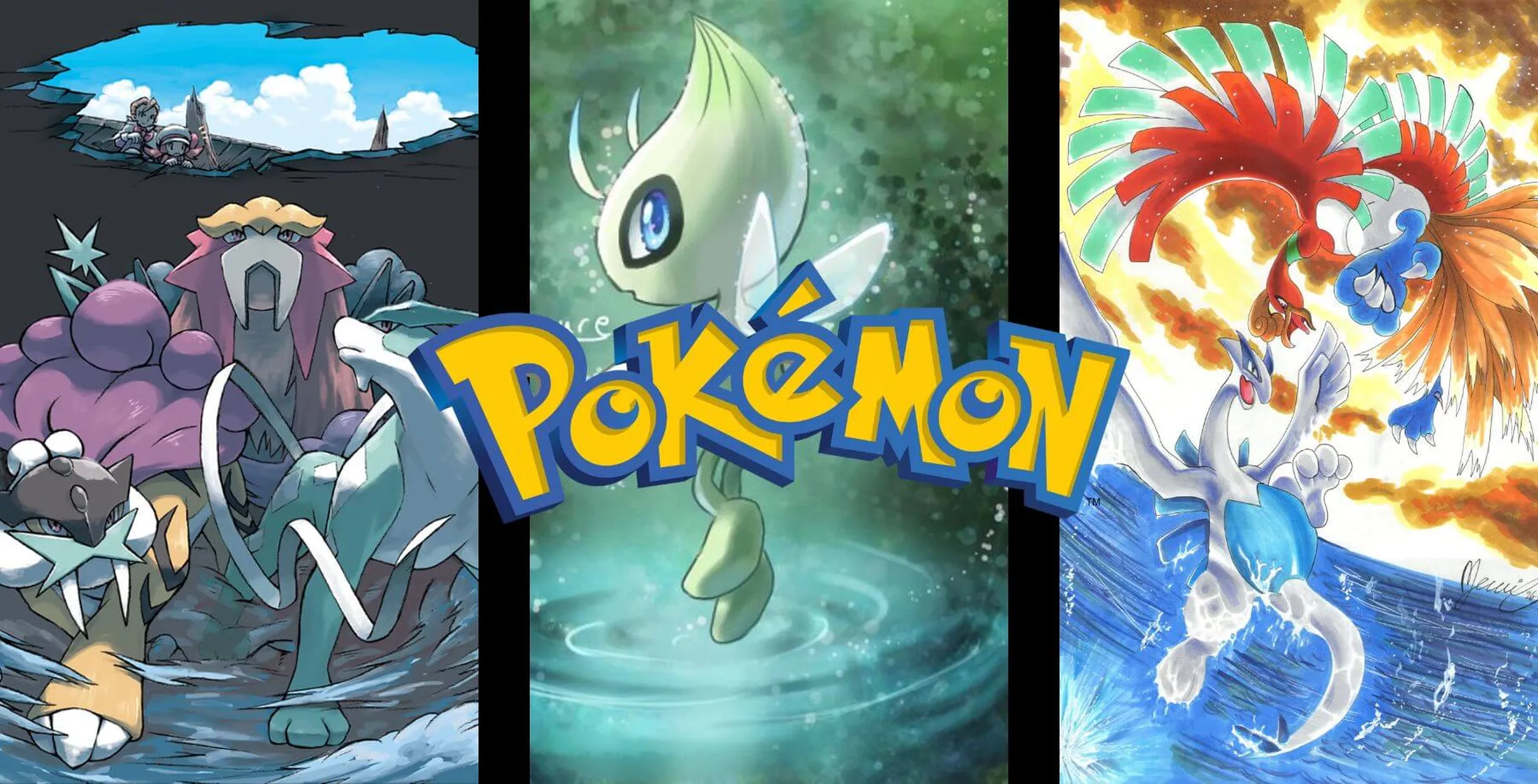Ao lado esquerdo, Trio dos Cães Lendários, logo de Poémon no centro e Celebi e ao lado direito, Lugia e Ho-Oh
