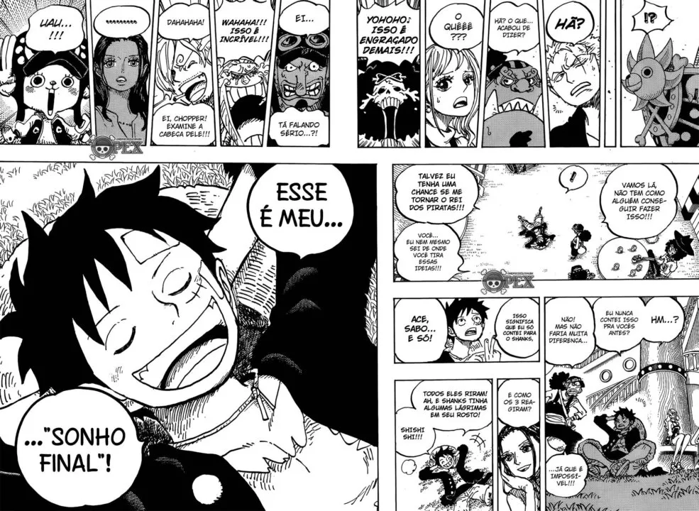 Manga de one piece que mostra conversa de Luffy sorrindo contando seu sonho final