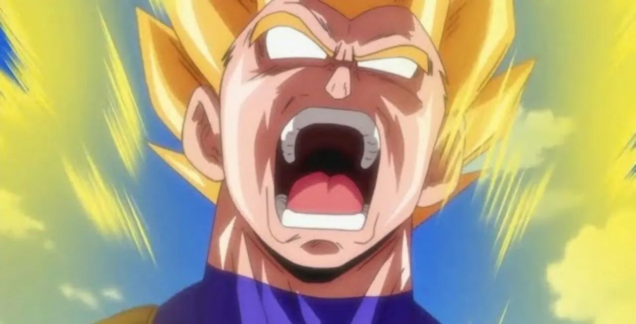 Personagem Vegeta irritado após sua esposa levar um tapa