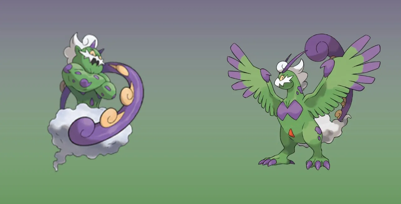 Tornadus em suas duas formas com um fundo em degrade