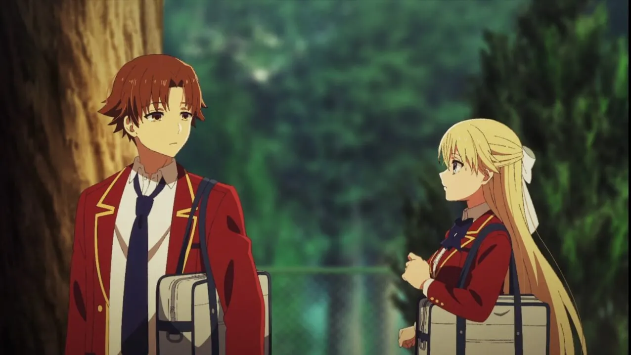 Ayanokoji e Nanase olhando um para o outro sérios com uniforme e bolsas