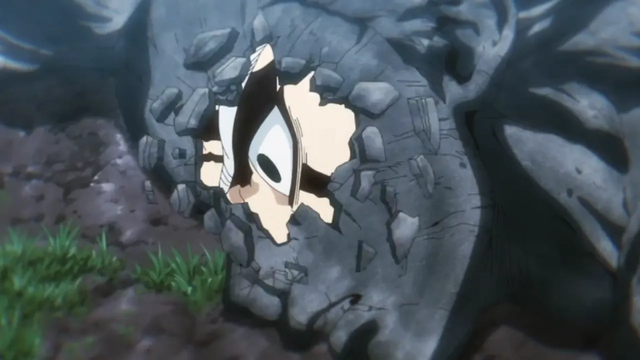 Xeno acordando em Lock On, oitavo episódio da quarta temporada de Dr. Stone.
