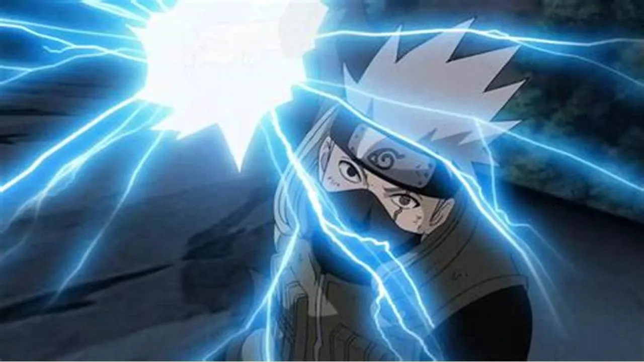 Kakashi usando chidori na mão direita e usando o Sharingan