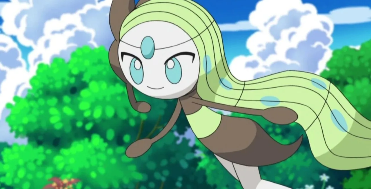 Meloetta voando e sorrindo