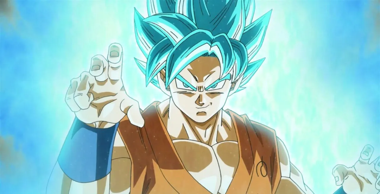 Goku na forma Super Saiyajin Blue sorrindo em pose de combate