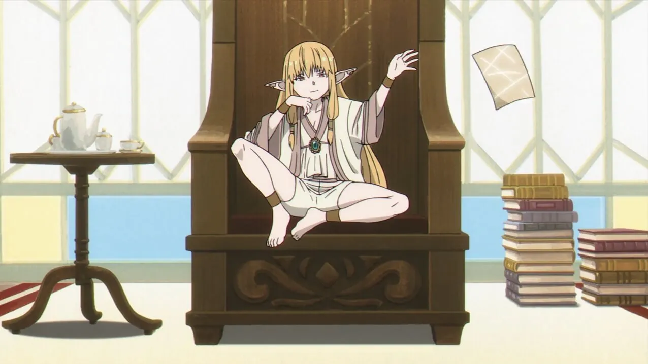 elfa loira de cabelos longos sentada em cadeira acenando com a mão