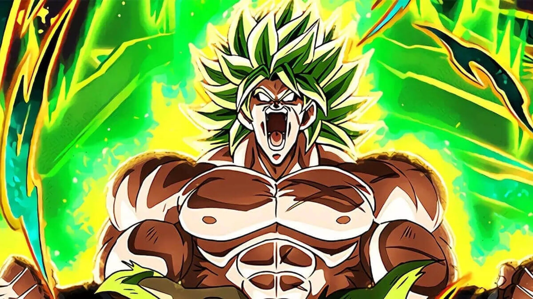 Broly em fúria durante sua transformação super saiyajin em Dragon Ball Super