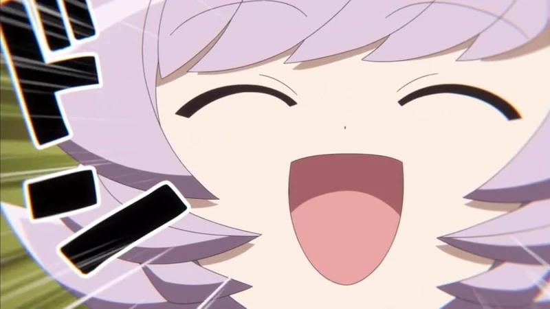 Personagem de cabelos lilás sorrindo de boca aberta e olhos fechados olhando para a frente