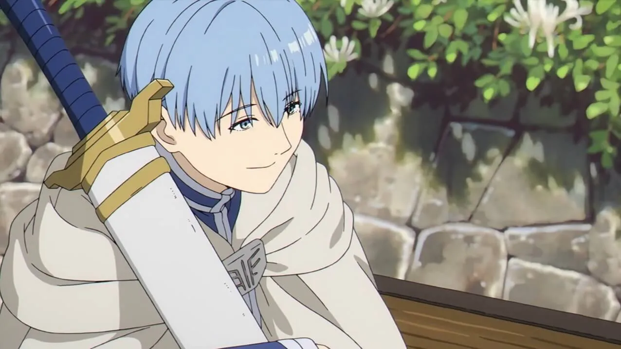 Himmel sentado com sua espada olhando para frente e sorrindo