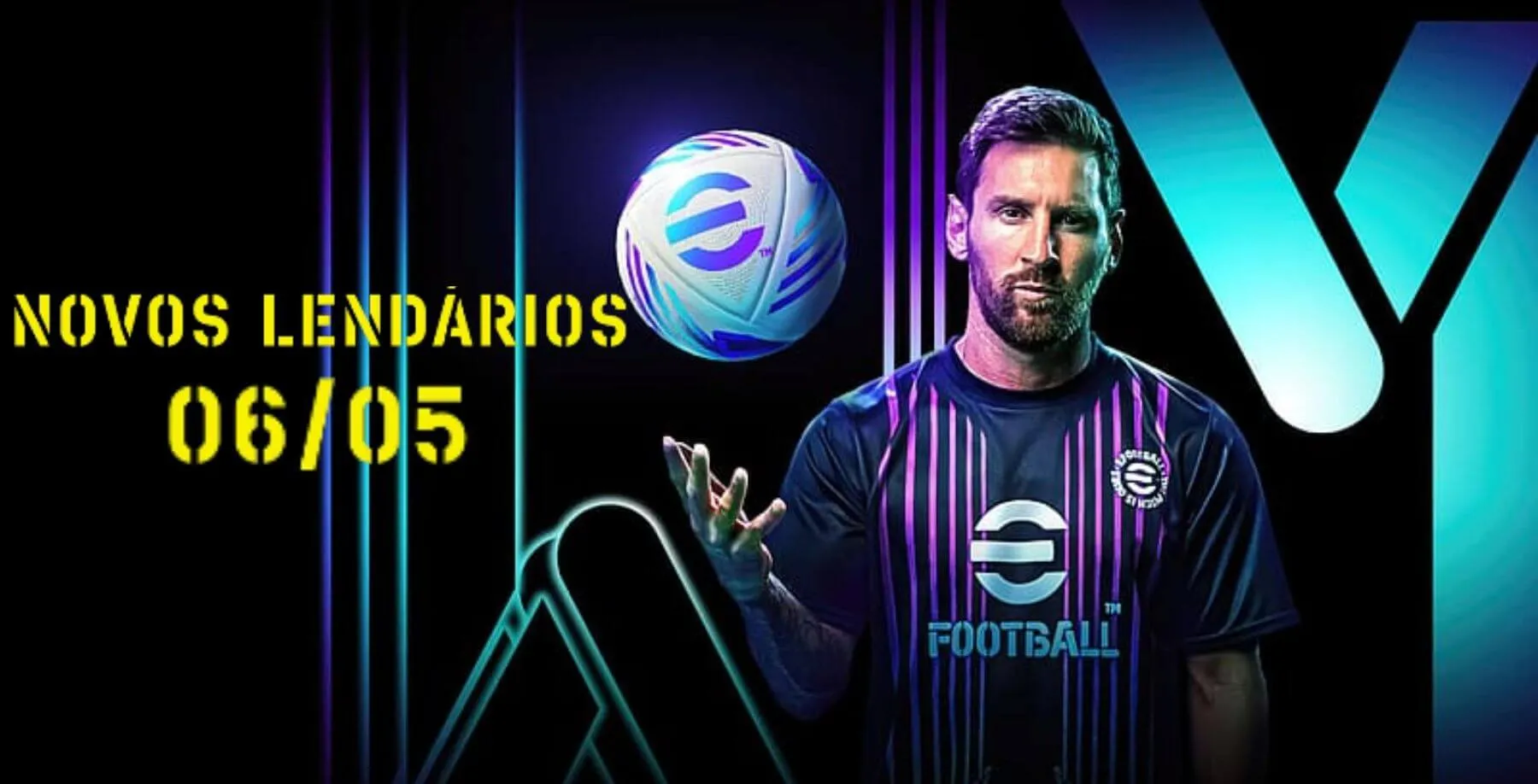 Background do jogo eFootball 2024 com Messi e o título dos jogadores lendários da box da data 06/05