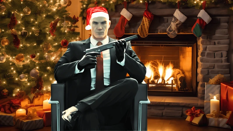 Homem sentado segurando armar em sala com decoração de natal