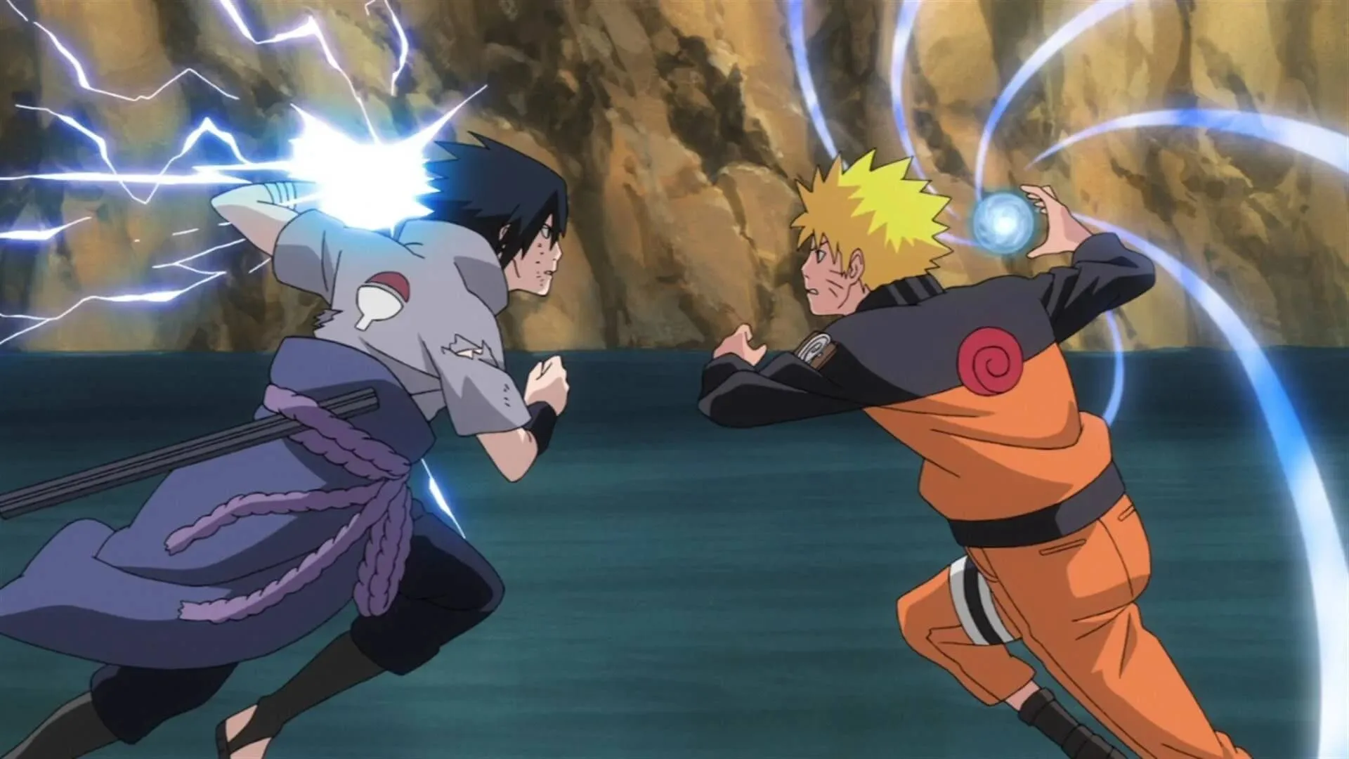 sasuke usando Chidori indo contra Naruto, que está usando o Rasengan