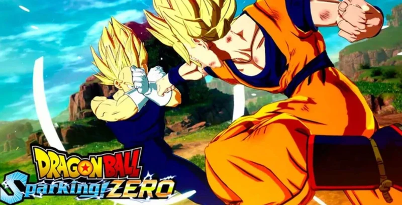 Vegeta e Goku se enfrentando e o logo de DRAGON BALL Sparking! ZERO abaixo