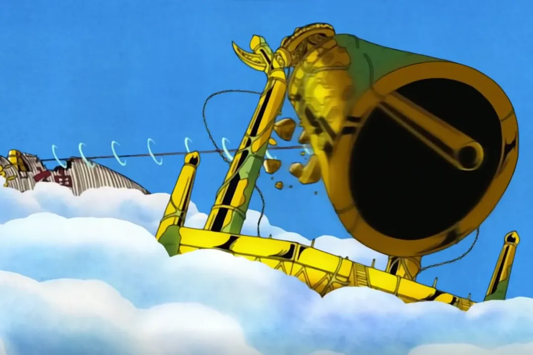 Luffy dando um soco no sino dourado de Skypiea - teoria Família monkey